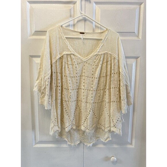 Free People "Summer Lovin" Linen Blend Frayed Trim Top Blouse Size XS $128 - Picture 5 of 9
